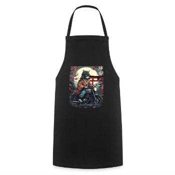Chat samouraï à moto - Tablier de cuisine - noir - Devant - AI Model Male 185 dark (185cm)