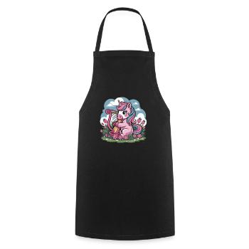 Licorne avec harpe et fraises dans le champ de fleurs - Tablier de cuisine - noir - Devant - AI Model Male 185 dark (185cm)