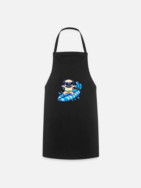 Süßer Mops-Hund auf einem Surfbrett im Kawaii-Stil - Kochschürze - Schwarz