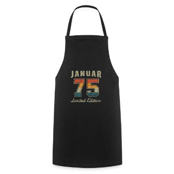 Geburtstag: Januar 1975 - Limited Edition Retro - Kochschürze - Schwarz - Vorne - AI Model Male 185 dark (185cm)