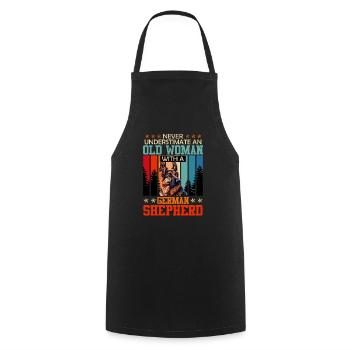 German Shepherd NEVER UNDERESTIMATE AN OLD WOMAN - Cooking Apron - black - Front - AI Model Male 185 dark (185cm)