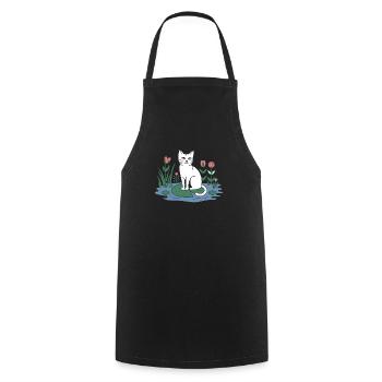 Chat cottagecore sur nénuphar dans le jardin - Tablier de cuisine - noir - Devant - AI Model Male 185 dark (185cm)