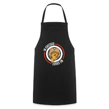 Dans Cheesus We Crust Fabrication de pizzas amusantes - Tablier de cuisine - noir - Devant - AI Model Male 185 dark (185cm)