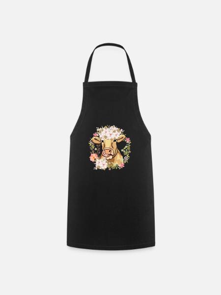Niedliche Kuh mit Blumenkranz - Kochschürze - Schwarz