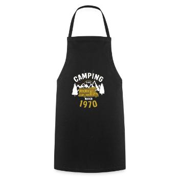 Anniversaire: Camping depuis mars 1970 Camping-car - Tablier de cuisine - noir - Devant - AI Model Male 185 dark (185cm)