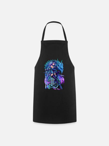 Anime Inspired Dragon Girl sitting on a D20 Die - Cooking Apron - black