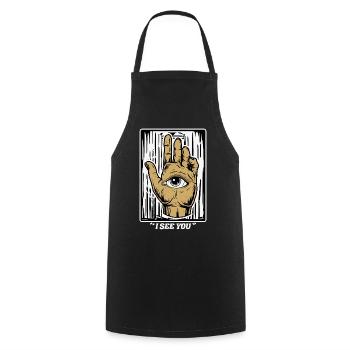 Halloween Blickfang: "I See You" - Auge-in-Hand - Kochschürze - Schwarz - Vorne - AI Model Male 185 dark (185cm)