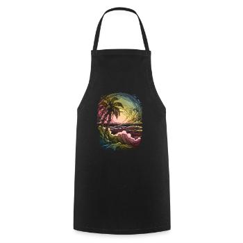Soleil, Coucher de soleil, Mer, Palmiers, Vacances, Été - Tablier de cuisine - noir - Devant - AI Model Male 185 dark (185cm)