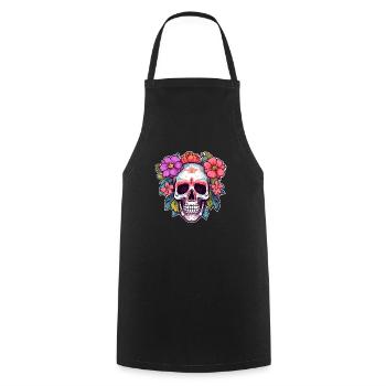 Human Skull & Flowers 30 - Cooking Apron - black - Front - AI Model Male 185 dark (185cm)