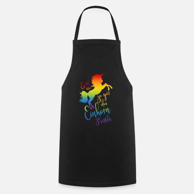 Einhorn satteln Spruch Regenbogen Silhouette bunt - Kochschürze - Schwarz