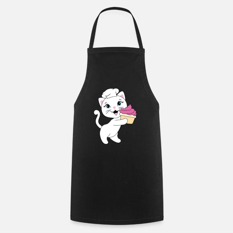 Cute white cat carries a cupcake - Cooking Apron - black