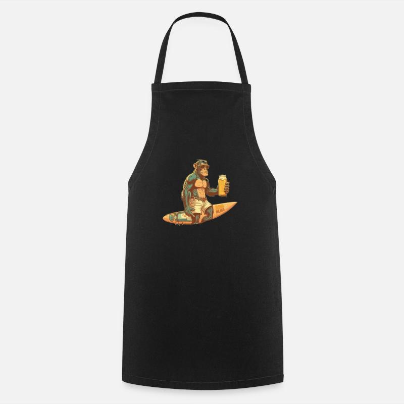 Beer Chimpanzee with Surfboard - Cooking Apron - black