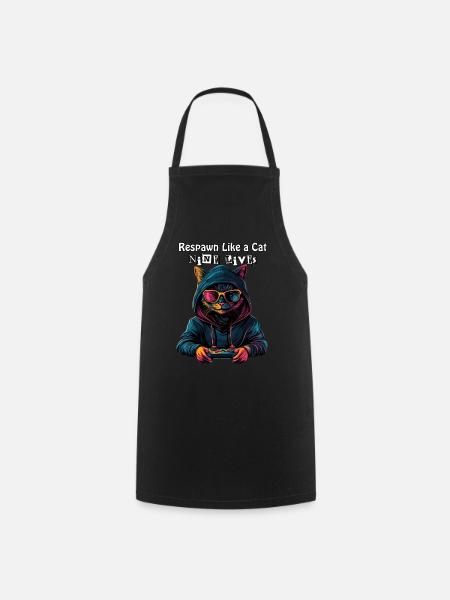 Respawn Like a Cat - Nine Lives Gamer Cat Design - Cooking Apron - black