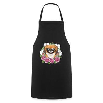 Cartoon Pekinese mit Orchideen und Rosen - Kochschürze - Schwarz - Vorne - AI Model Male 185 dark (185cm)