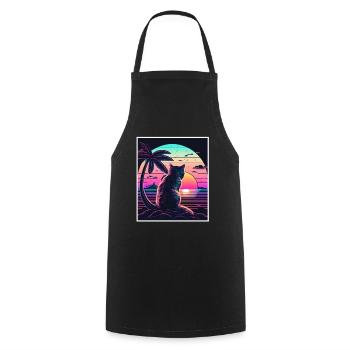 Vaporwave Retro Cat Cat Animal Motif Plage Neon - Tablier de cuisine - noir - Devant - AI Model Male 185 dark (185cm)