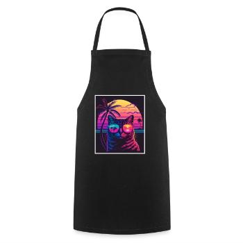 Vaporwave Retro Cat Cat Animal Motif Plage Neon - Tablier de cuisine - noir - Devant - AI Model Male 185 dark (185cm)