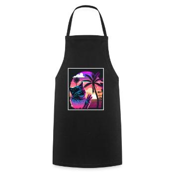 Vaporwave Retro Cat Cat Animal Motif Beach Neon - Cooking Apron - black - Front - AI Model Male 185 dark (185cm)