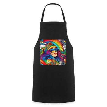Flower Power Frau in Retro Look mit Blumen - Kochschürze - Schwarz - Vorne - AI Model Male 185 dark (185cm)
