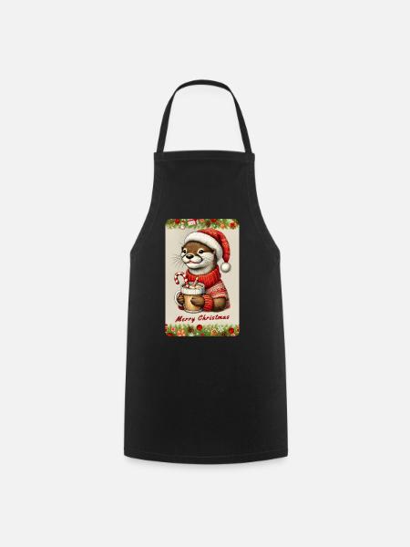 Christmas otter with hot chocolate - Cooking Apron - black