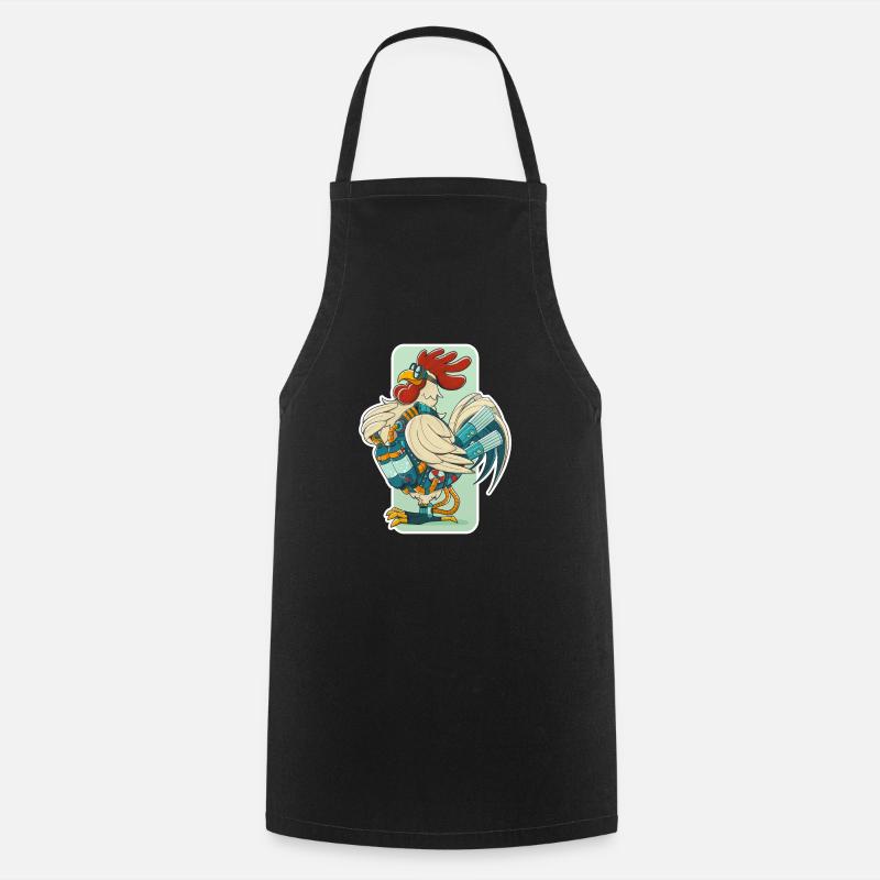 Steampunk Rooster (white circumference) - Cooking Apron - black