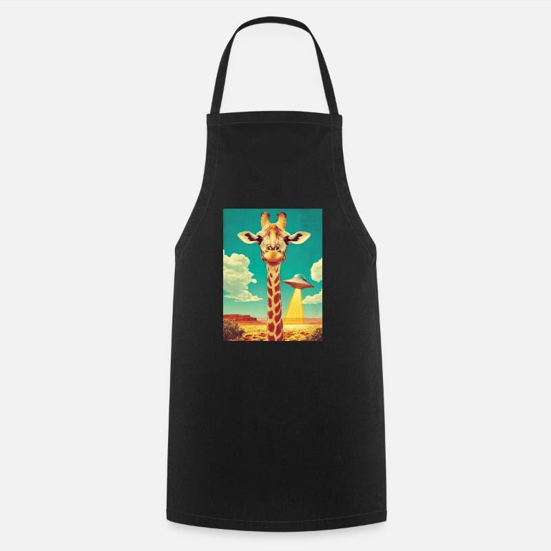 Retro Giraffe with UFO - Cooking Apron - black