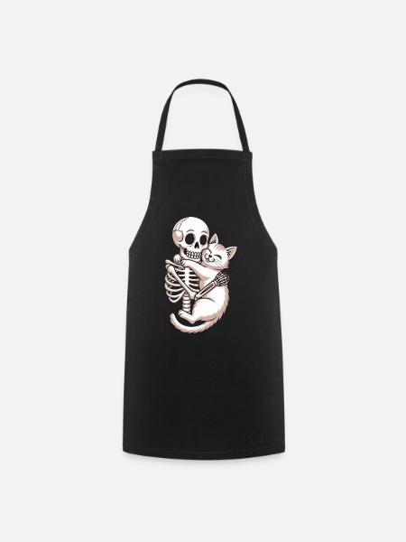 Skeleton And Cat Hug Love Humor - Cooking Apron - black