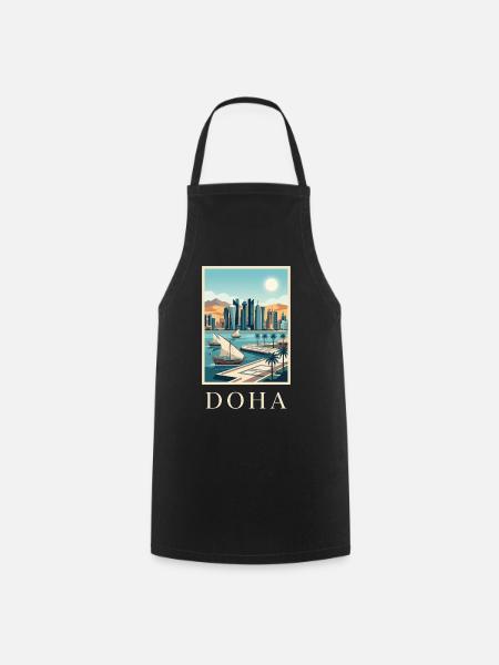 Doha Waterfront Cityscape Qatar Travel Poster - Cooking Apron - black