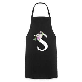 Lettre S floral violet - Tablier de cuisine - noir - Devant - AI Model Male 185 dark (185cm)