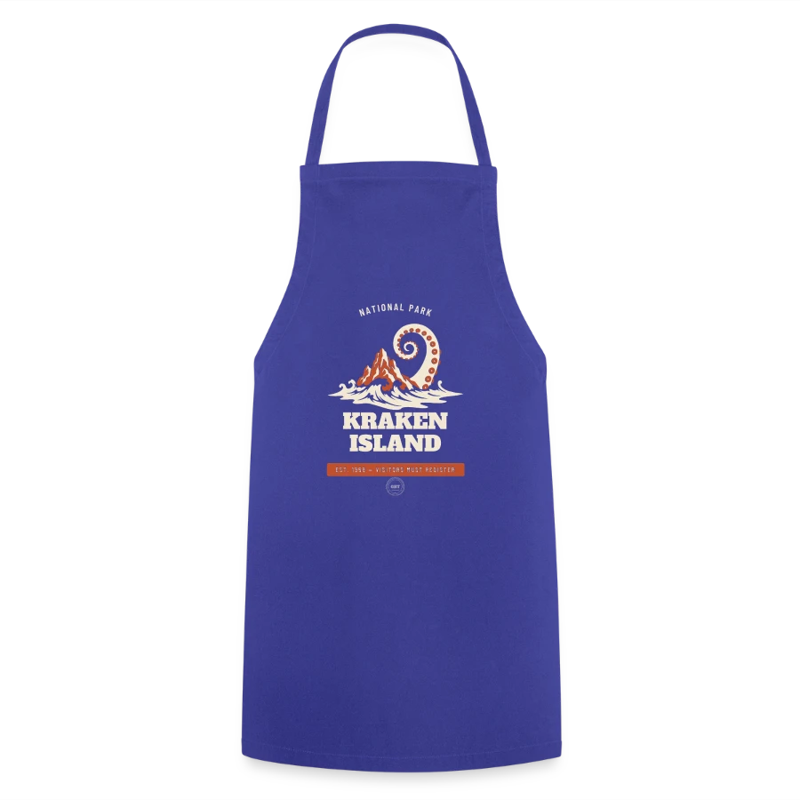Kraken Island badge on a cooking apron, royal blue, front