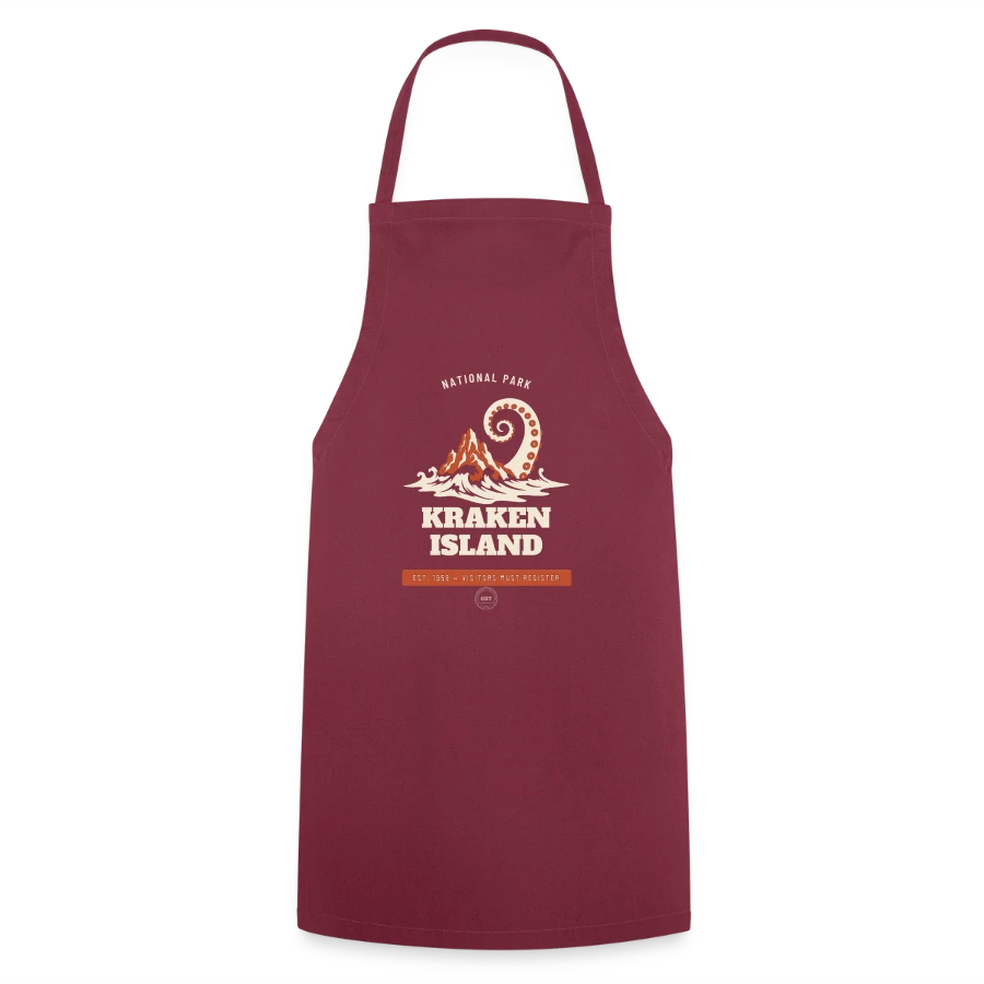 Kraken Island badge on a cooking apron, bordeaux, front