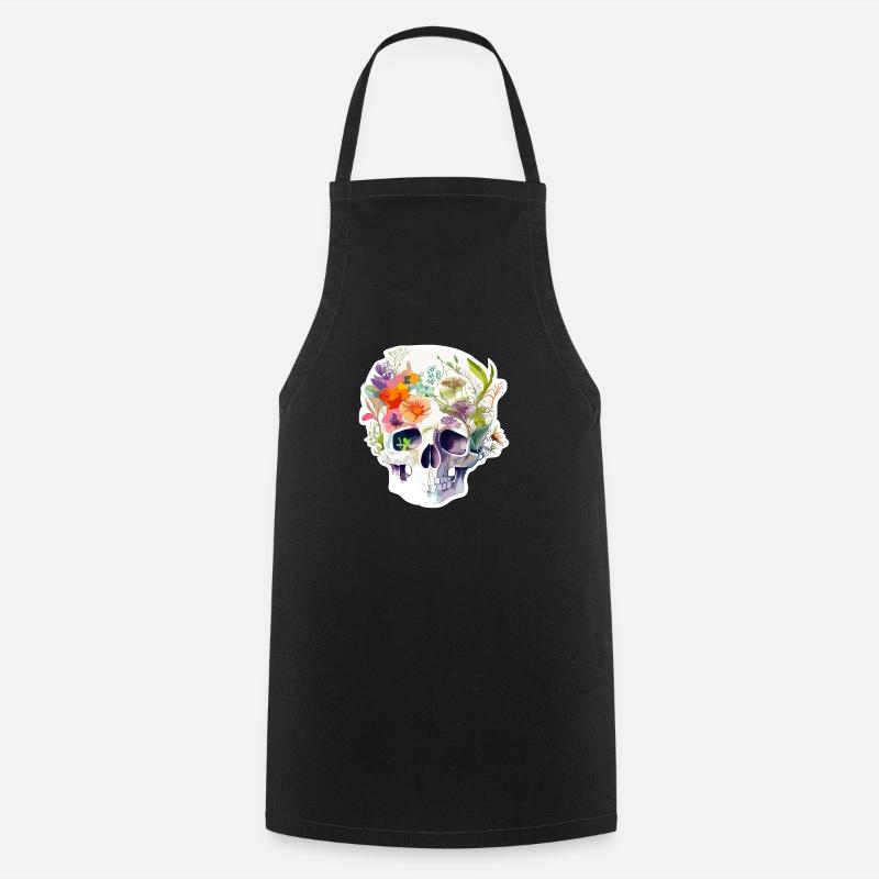 Human Skull and Flowers 11 - Cooking Apron - black