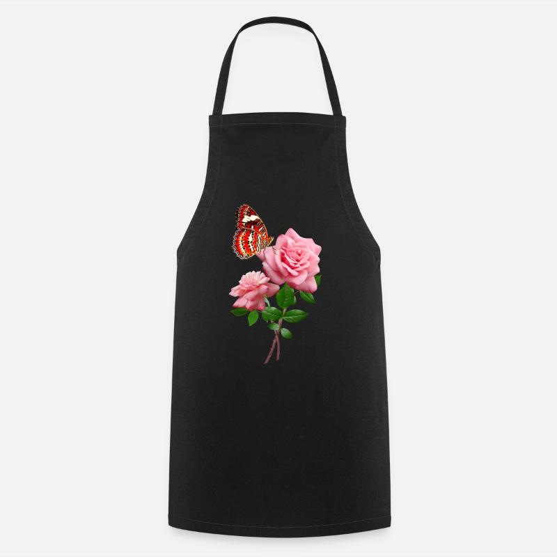 Rose Avec Beau Papillon Rouge - Tablier de cuisine - noir