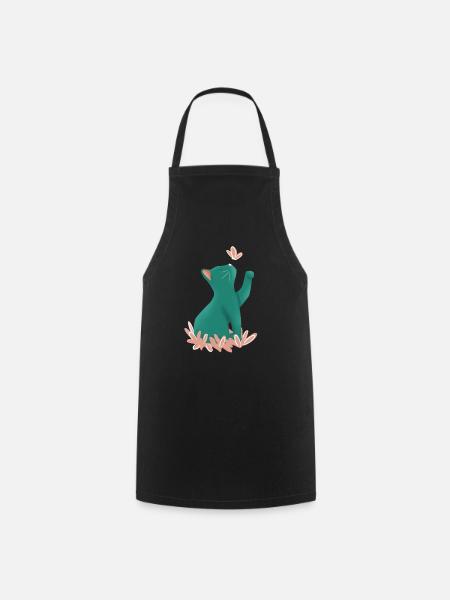 Blue kitten and pink butterfly - Cooking Apron - black