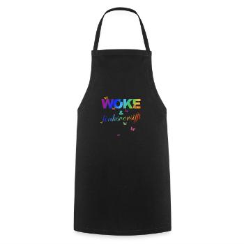 Selbstironie: WOKE & linksversifft - Kochschürze - Schwarz - Vorne - AI Model Male 185 dark (185cm)