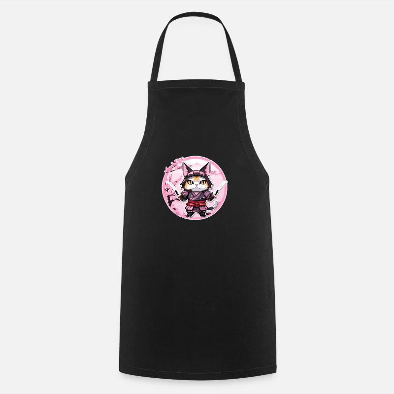 Chat samouraï & fleurs de cerisier #1 - Tablier de cuisine - noir