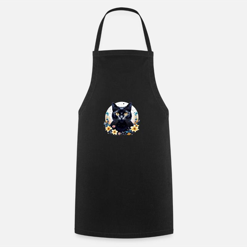 Chat avec des fleurs et des étoiles - Tablier de cuisine - noir