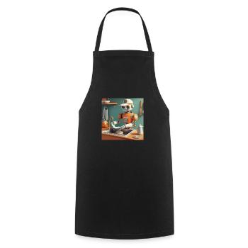 niedlicher kleiner orangefarbener futuristischer Vintage-Roboter - Kochschürze - Schwarz - Vorne - AI Model Male 185 dark (185cm)