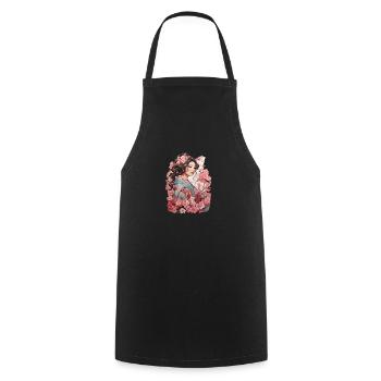 Woman in kimono with cherry and plum patterns - Cooking Apron - black - Front - AI Model Male 185 dark (185cm)