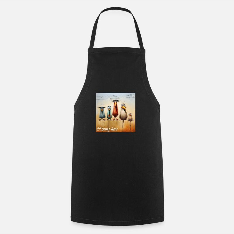 Casting Here Lettering 5 Funny Birds Rod - Cooking Apron - black