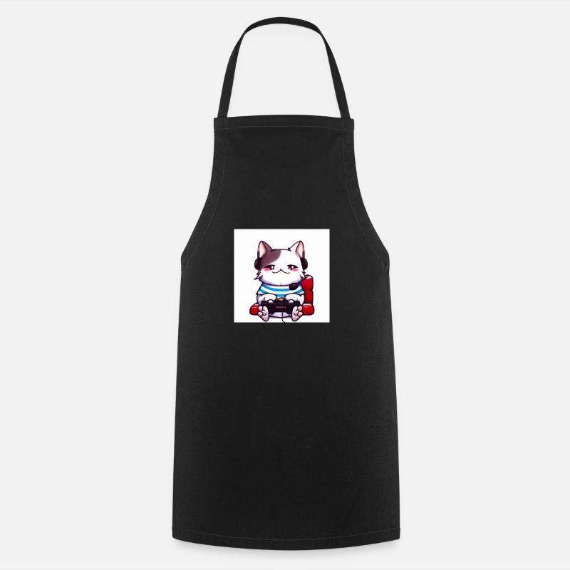 Kaweii cat playing computer games digital art - Cooking Apron - black