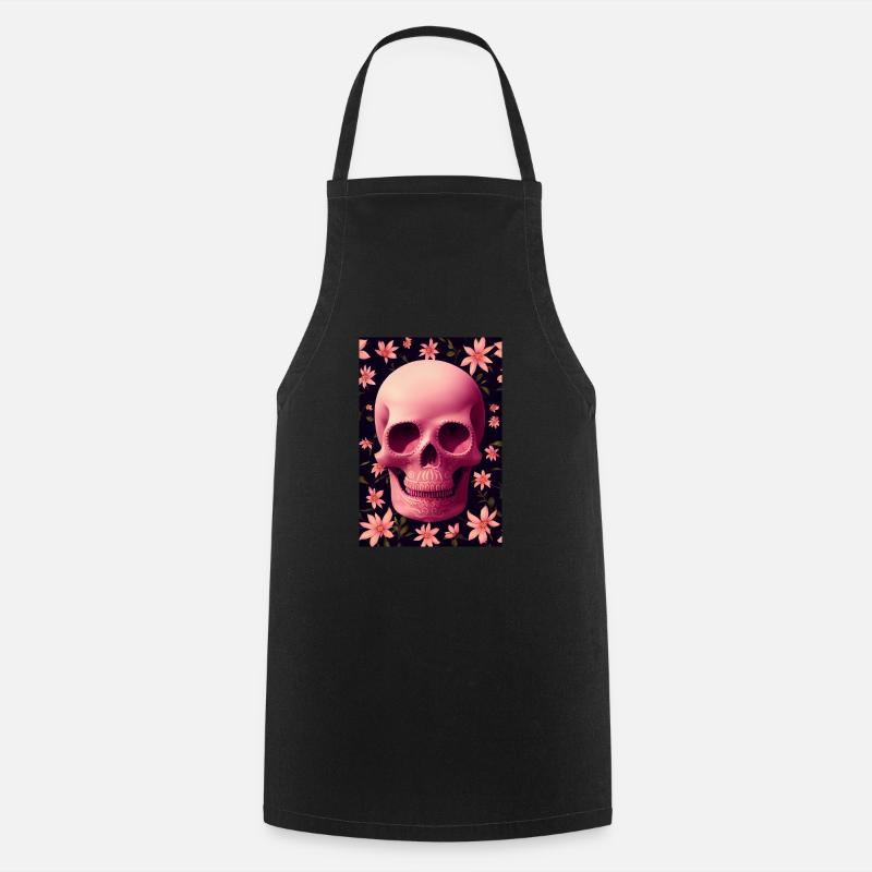 Pink Skull Flowers - Cooking Apron - black