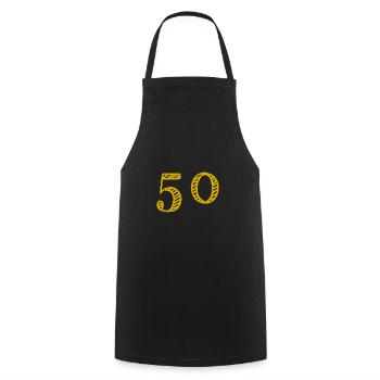 50 JAHRE. 50-jähriges JUBILÄUM. JUBILÄUM 50 JAHRE. 50 - Kochschürze - Schwarz - Vorne - AI Model Male 185 dark (185cm)