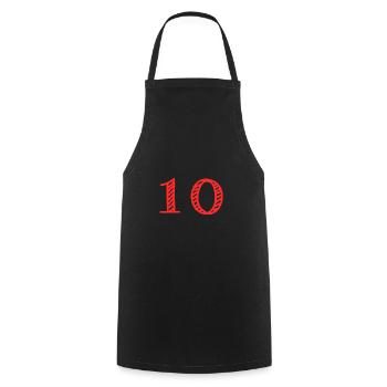 10 JAHRE. 10-jähriges JUBILÄUM. JUBILÄUM 10 JAHRE. 10 - Kochschürze - Schwarz - Vorne - AI Model Male 185 dark (185cm)