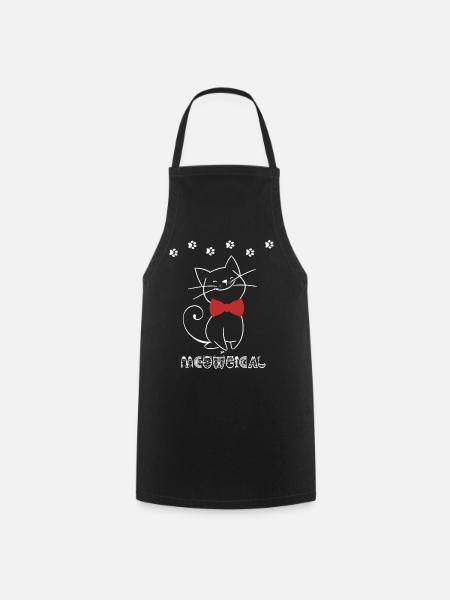 Playful cat illustration with red ribbon - Cooking Apron - black