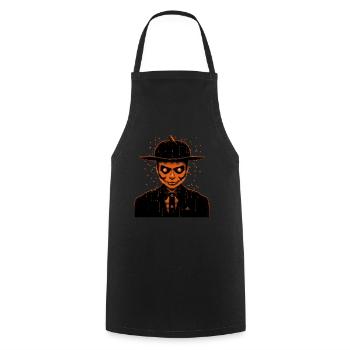 Skelettmann mit Hut und Mantel, Halloween - Kochschürze - Schwarz - Vorne - AI Model Male 185 dark (185cm)