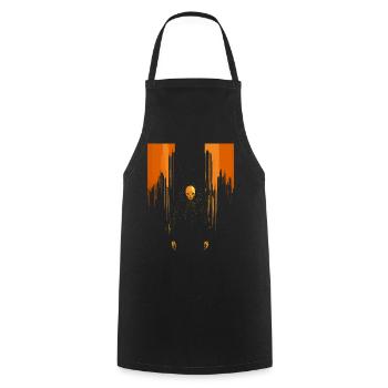 Beängstigender orangefarbener Totenkopfmann mit Umhang - Kochschürze - Schwarz - Vorne - AI Model Male 185 dark (185cm)