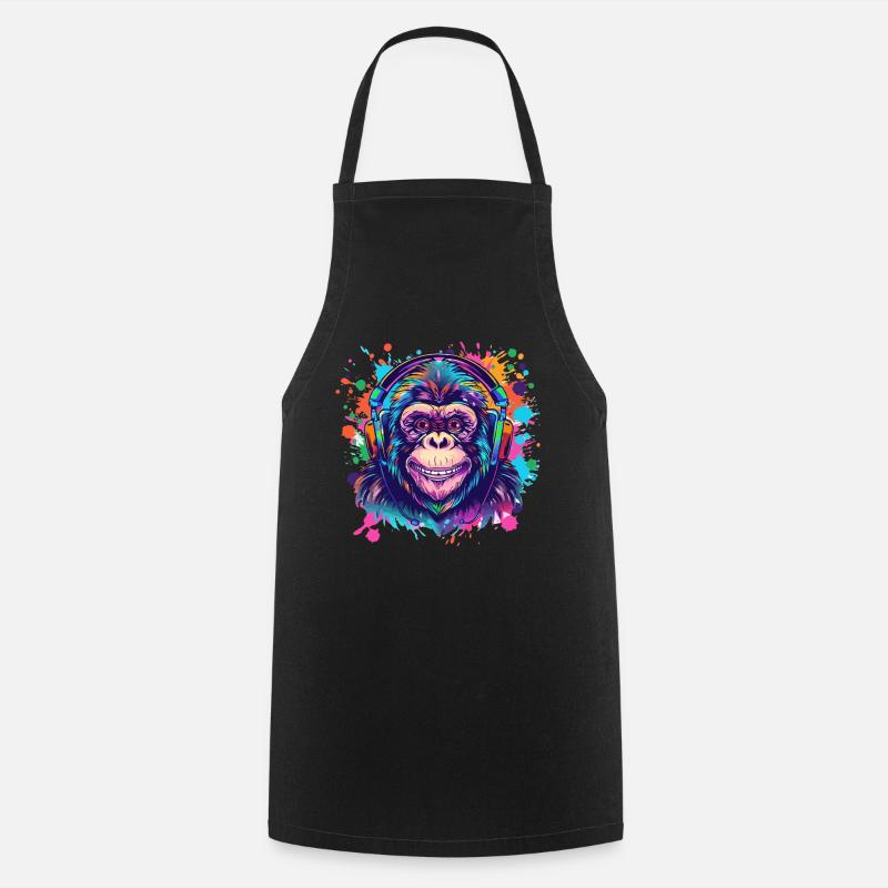 Affe Mit Kopfhörer Damen Deko Herren Geschenk - Kochschürze - Schwarz