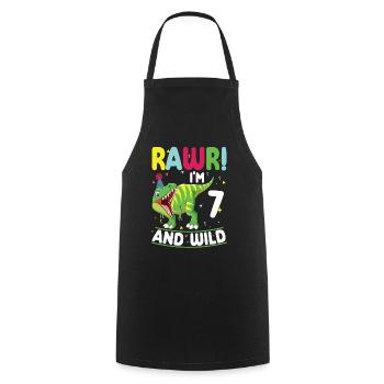 Dinosaur 7 years old 7th birthday party costume - Cooking Apron - black - Front - AI Model Male 185 dark (185cm)
