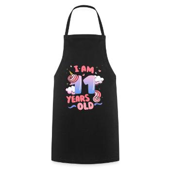 I am 11 years old | Unicorn theme | 11. - Cooking Apron - black - Front - AI Model Male 185 dark (185cm)
