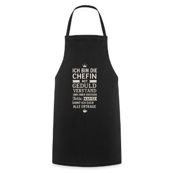 Chefin mit Geduld und Kaffee - Kochschürze - Schwarz - Vorne - AI Model Male 185 dark (185cm)